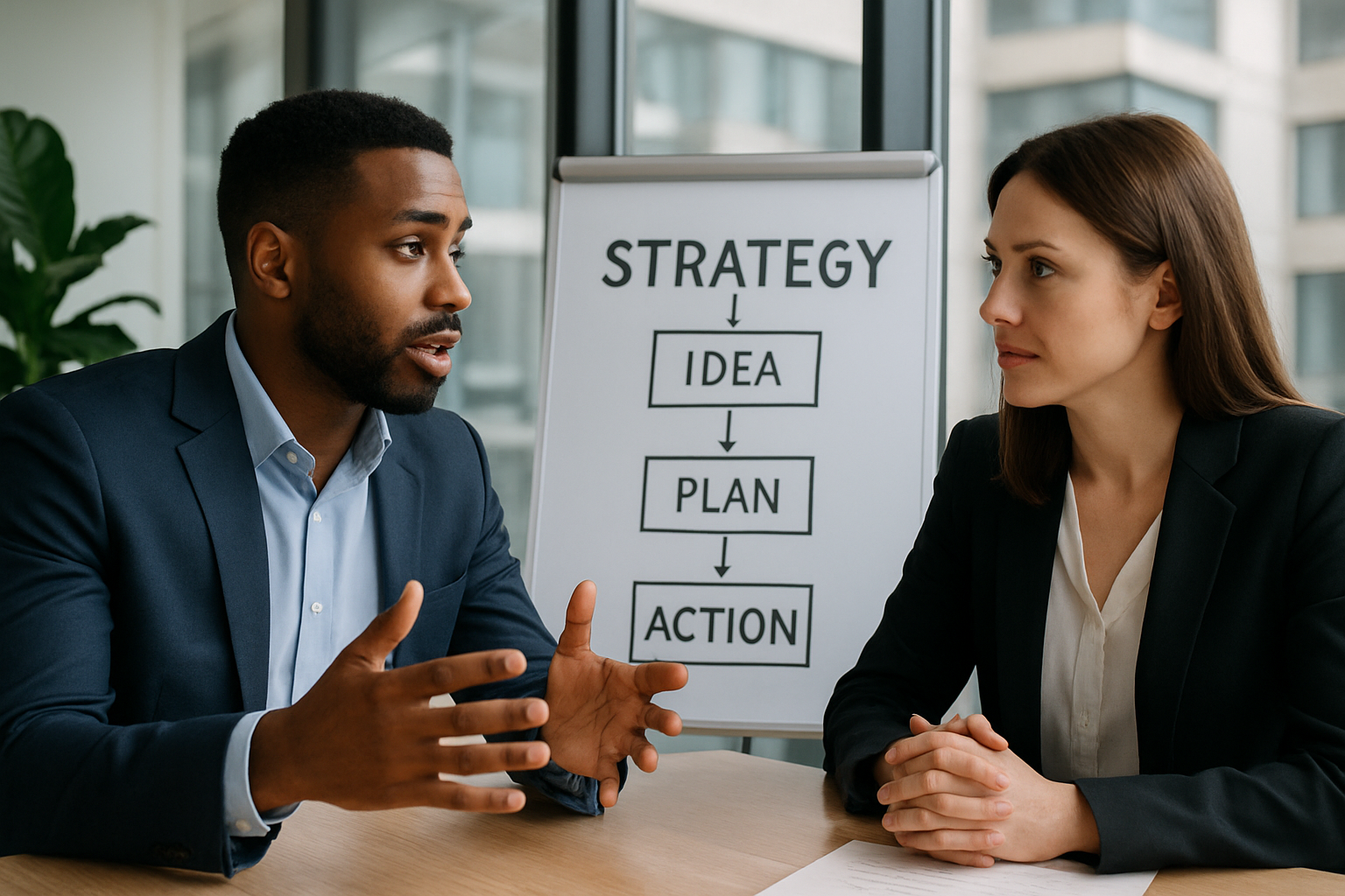 a person of color talking strategy with another person in a - HR Data Labs LLC