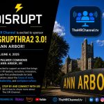 Promotional poster for DISRUPT HR event: DISRUPTHRA 3.0 in Ann Arbor, June 4, 2025 at Palmer Commons, with sponsor logos and streaming icons.