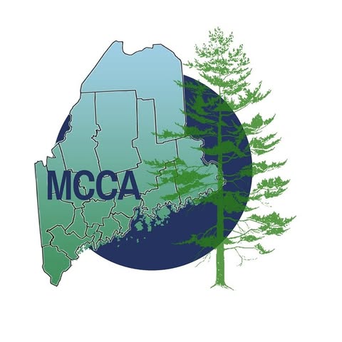 Logo showing a Maine map outline with MCCA letters over a blue circle and a green evergreen tree behind.