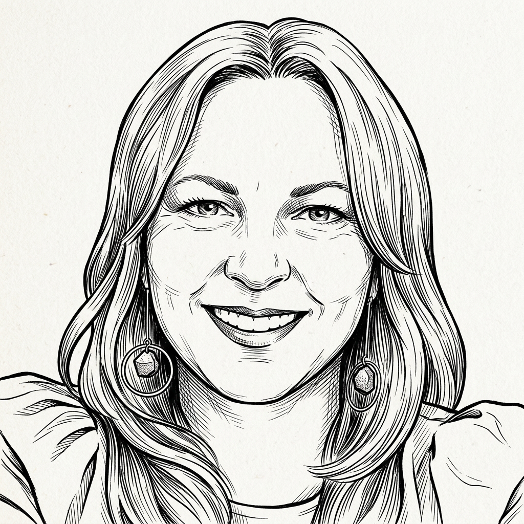 Line art portrait of a smiling woman with shoulder-length hair and hoop earrings, facing forward.