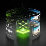 Futuristic glass disk with a glowing green network cube and curved screens in a dark background, symbolizing digital data.