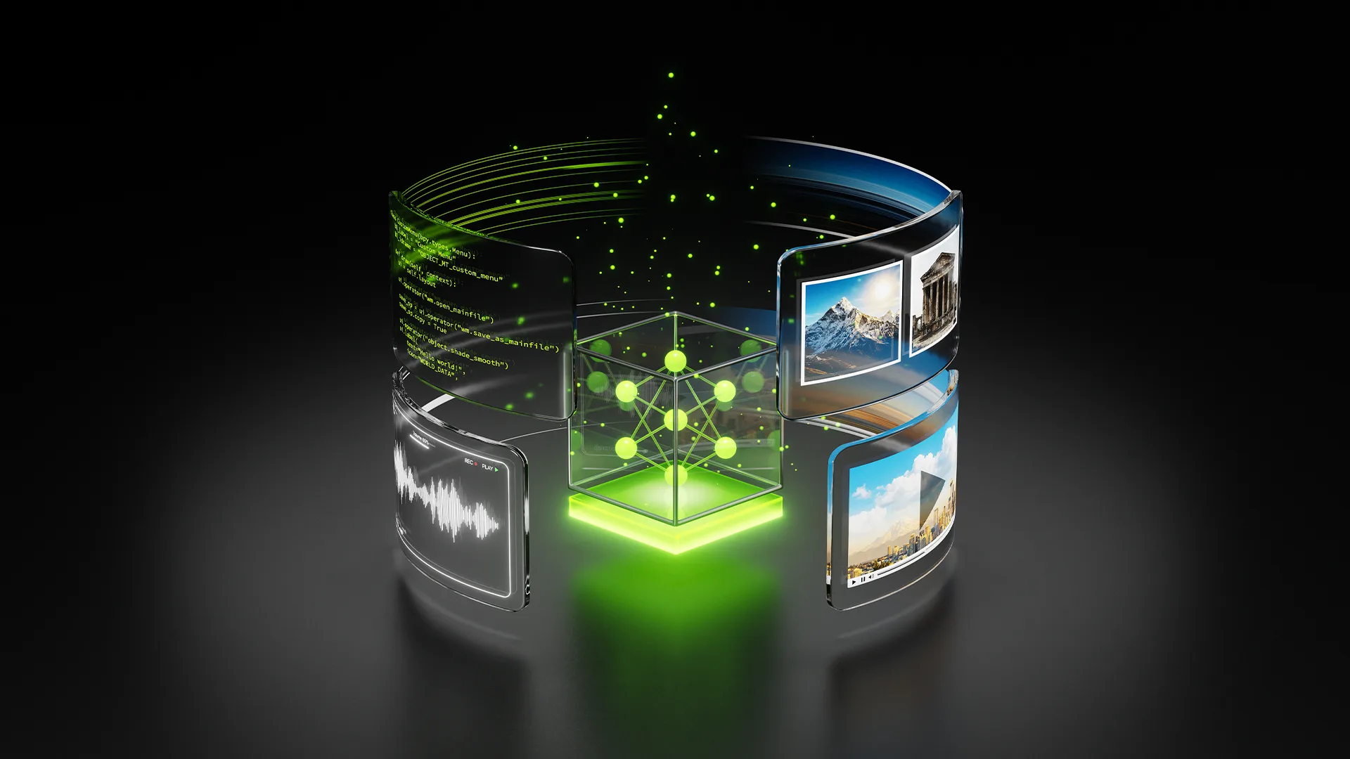 Futuristic glass disk with a glowing green network cube and curved screens in a dark background, symbolizing digital data.