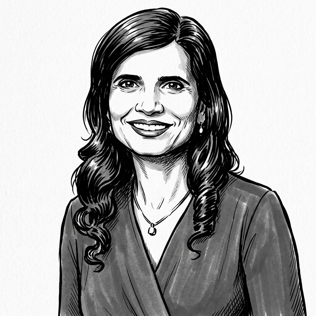 Black-and-white illustration of a smiling woman with wavy hair, wearing a V-neck top and a pendant necklace.