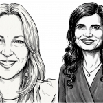 Two women smiling in a black-and-white sketch: left has long light hair with hoop earrings, right has dark hair and a necklace.