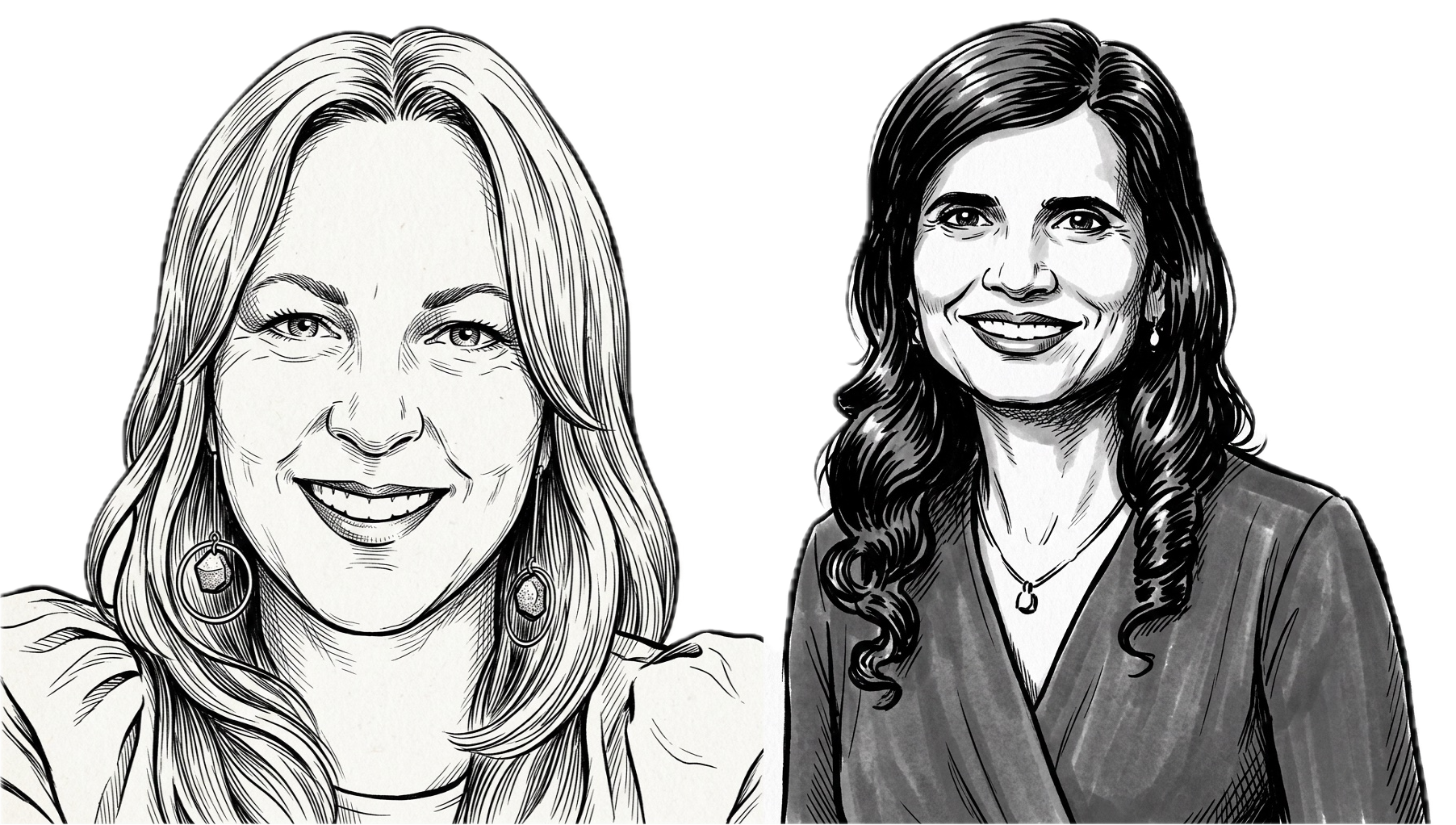 Two women smiling in a black-and-white sketch: left has long light hair with hoop earrings, right has dark hair and a necklace.