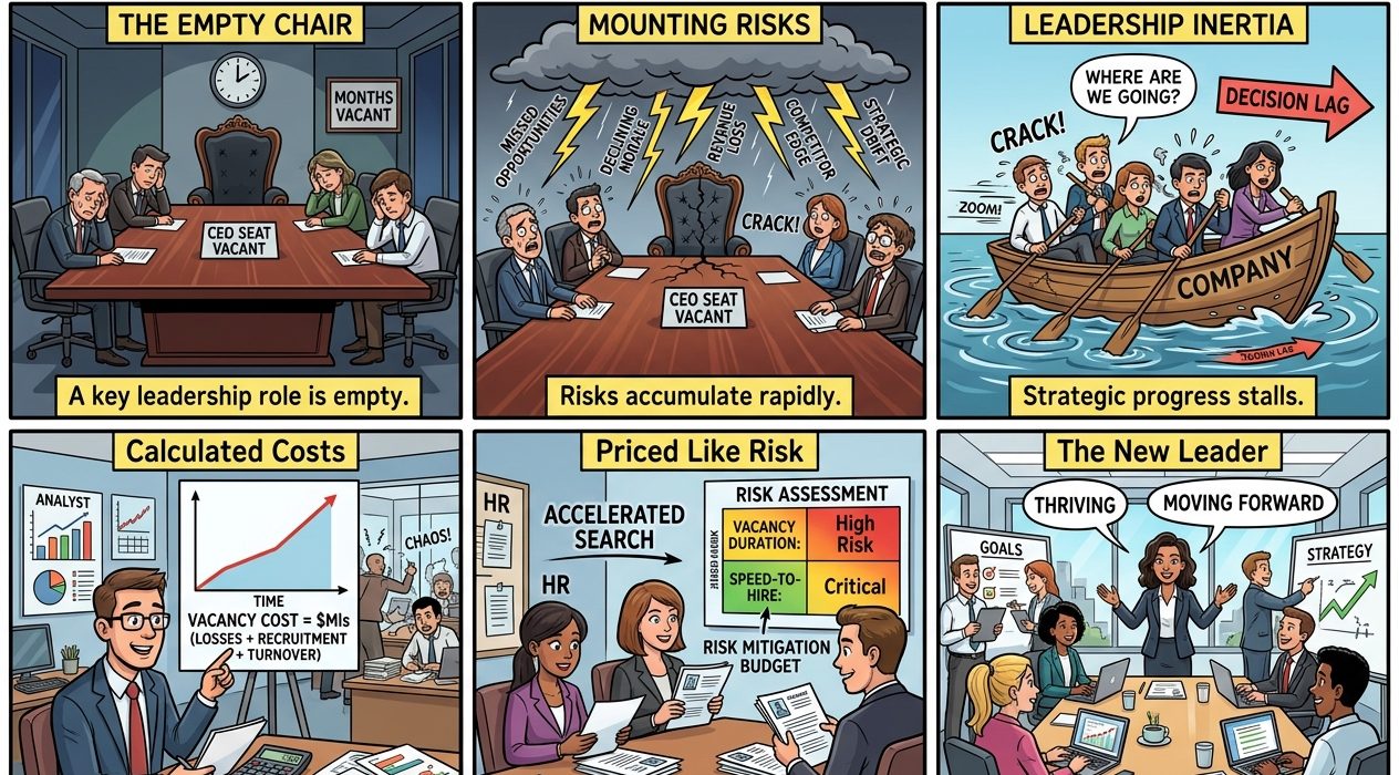 Six-panel comic explains the cost of a vacant leadership seat, from an empty chair to a decisive new leader in charge.
