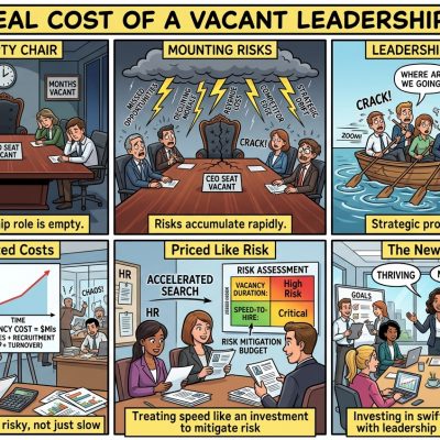Six-panel comic explains the cost of a vacant leadership seat, from an empty chair to a decisive new leader in charge.