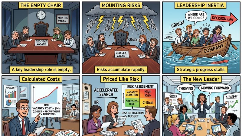 Six-panel comic explains the cost of a vacant leadership seat, from an empty chair to a decisive new leader in charge.