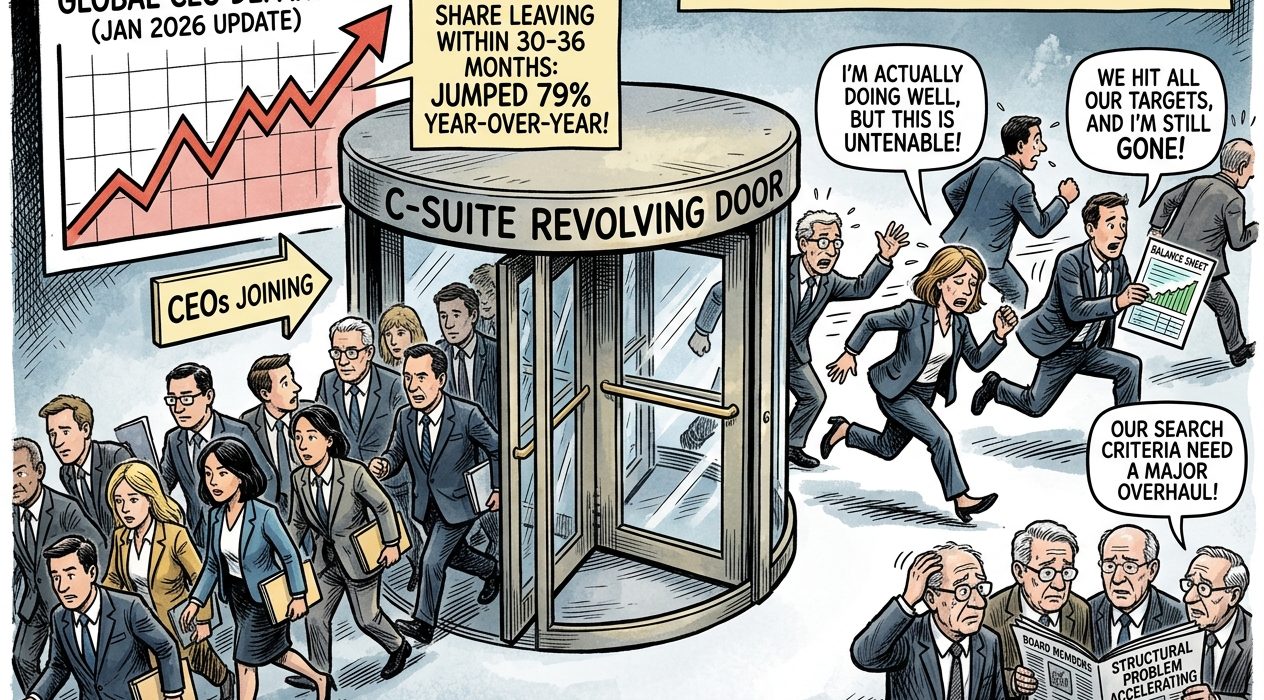 A crowd of executives entering and leaving a revolving door labeled C-SUITE, signaling high turnover and churn in leadership.
