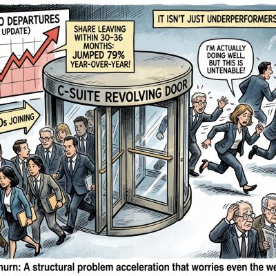 A crowd of executives entering and leaving a revolving door labeled C-SUITE, signaling high turnover and churn in leadership.
