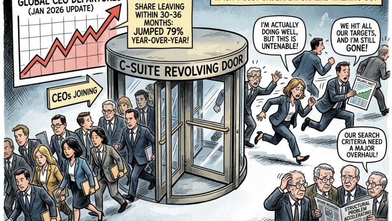 A crowd of executives entering and leaving a revolving door labeled C-SUITE, signaling high turnover and churn in leadership.