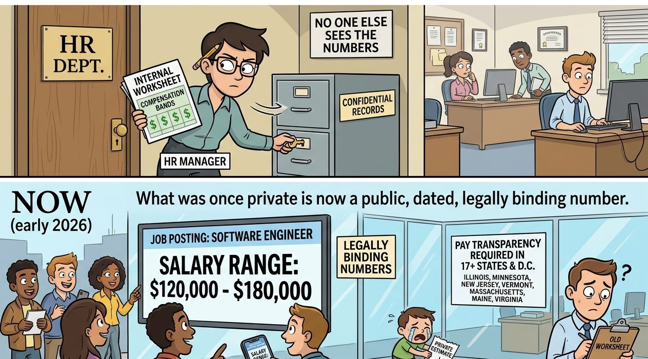Two-panel cartoon showing the shift from private compensation bands to public salary ranges and transparency in job postings.
