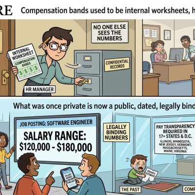 Two-panel cartoon showing the shift from private compensation bands to public salary ranges and transparency in job postings.