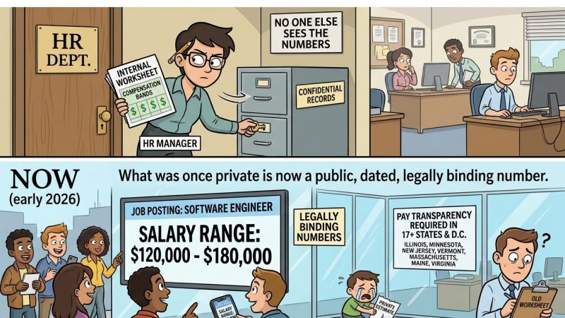 Two-panel cartoon showing the shift from private compensation bands to public salary ranges and transparency in job postings.
