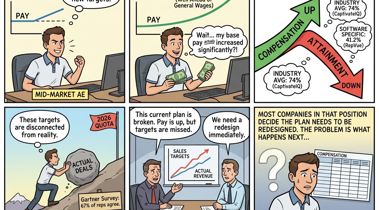 Panel 1: 2024 — a man at a desk with a laptop, a small upward blue line labeled PAY, and a thought bubble saying “Okay, new year, new targets.”