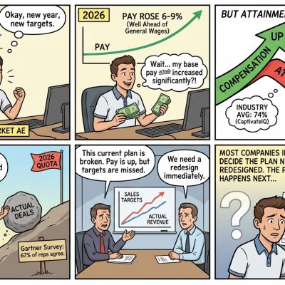 Panel 1: 2024 — a man at a desk with a laptop, a small upward blue line labeled PAY, and a thought bubble saying “Okay, new year, new targets.”