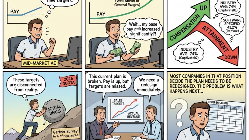 Panel 1: 2024 — a man at a desk with a laptop, a small upward blue line labeled PAY, and a thought bubble saying “Okay, new year, new targets.”