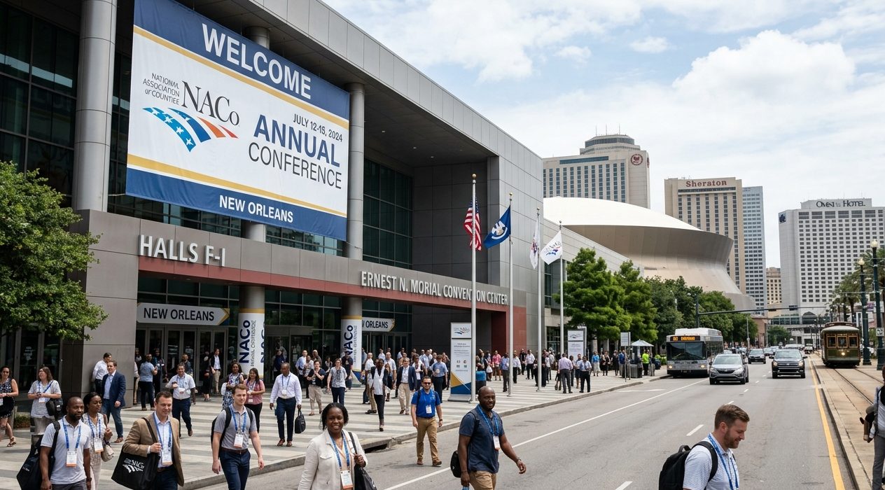 Groups of conference attendees with badges walk outside the Ernest N. Morial Convention Center during a NACo Annual Conference in New Orleans, under a large event banner.