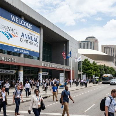 Groups of conference attendees with badges walk outside the Ernest N. Morial Convention Center during a NACo Annual Conference in New Orleans, under a large event banner.