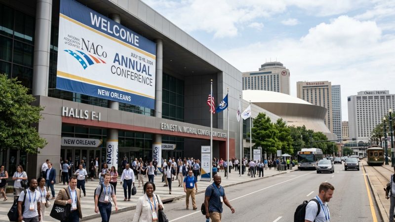 Groups of conference attendees with badges walk outside the Ernest N. Morial Convention Center during a NACo Annual Conference in New Orleans, under a large event banner.