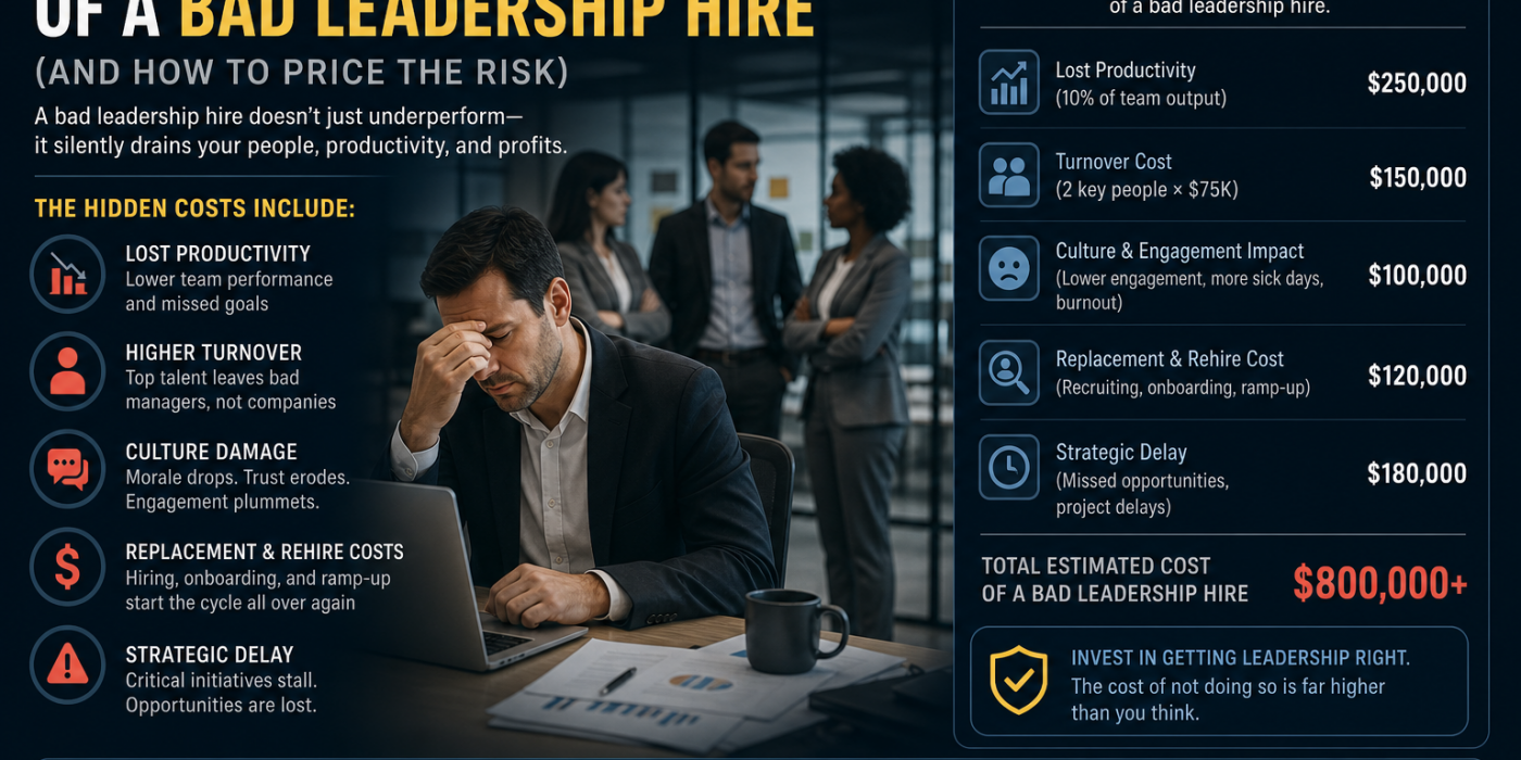 Infographic explaining the hidden costs of a bad leadership hire, listing categories like lost productivity, higher turnover, culture damage, and replacement costs beside a stressed man at a laptop.