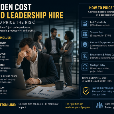 Infographic explaining the hidden costs of a bad leadership hire, listing categories like lost productivity, higher turnover, culture damage, and replacement costs beside a stressed man at a laptop.