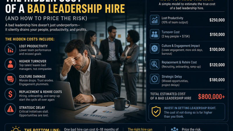 Infographic explaining the hidden costs of a bad leadership hire, listing categories like lost productivity, higher turnover, culture damage, and replacement costs beside a stressed man at a laptop.