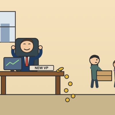 Cartoon executive relaxing behind a New VP desk while employees carry boxes out the door and coins spill off the desk