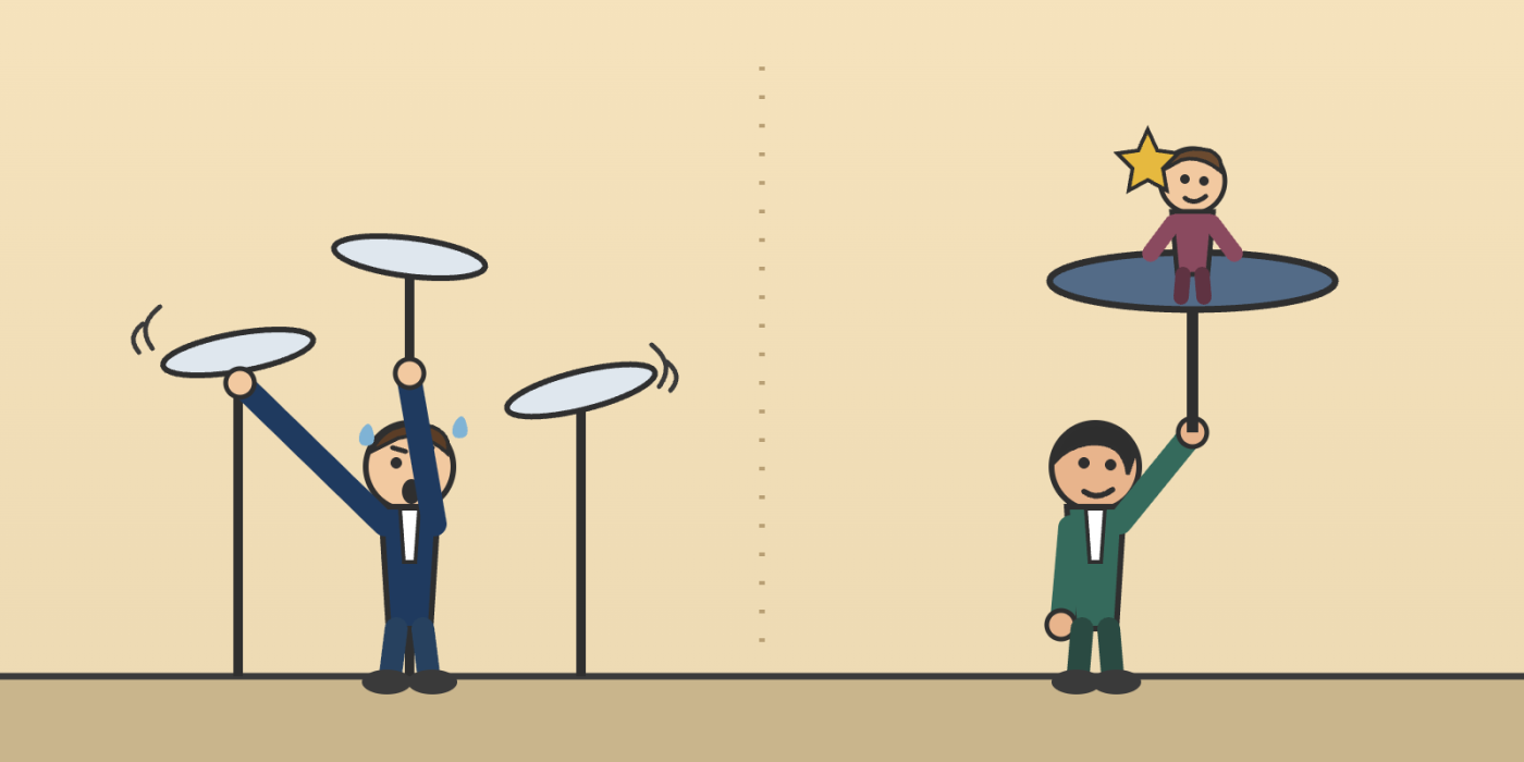 Cartoon of a frazzled executive spinning several wobbling plates while a calm recruiter holds one large steady plate with a star candidate on it