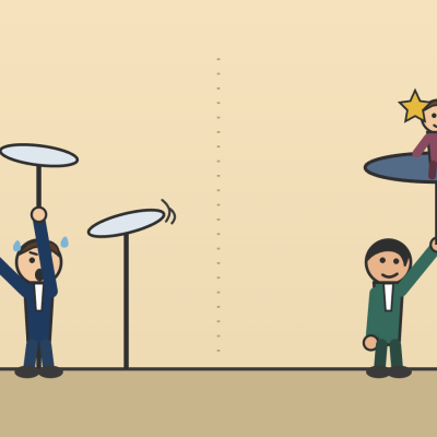 Cartoon of a frazzled executive spinning several wobbling plates while a calm recruiter holds one large steady plate with a star candidate on it