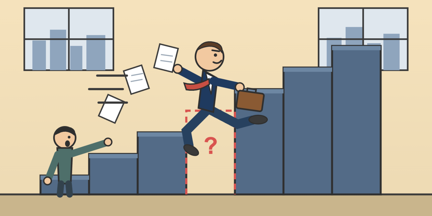 Cartoon businessman sprinting up a staircase and leaping over a missing step outlined in red