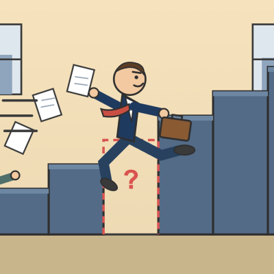 Cartoon businessman sprinting up a staircase and leaping over a missing step outlined in red