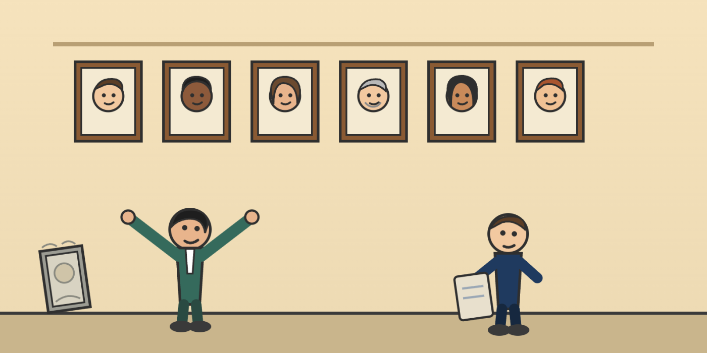 Cartoon interviewer gesturing proudly at a wide wall of six diverse framed candidate portraits while a single narrow dusty frame leans on the floor