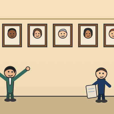 Cartoon interviewer gesturing proudly at a wide wall of six diverse framed candidate portraits while a single narrow dusty frame leans on the floor