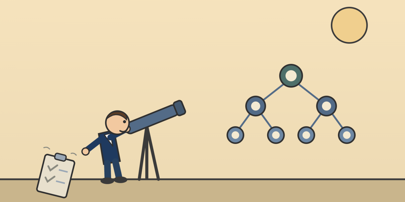 Cartoon of a businessperson looking through a telescope toward a rising org chart on the horizon, with a compliance checklist clipboard discarded on the floor