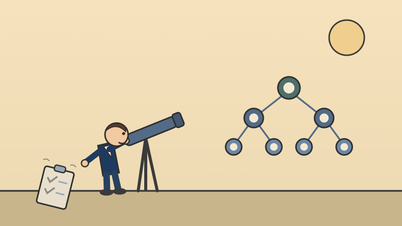 Cartoon of a businessperson looking through a telescope toward a rising org chart on the horizon, with a compliance checklist clipboard discarded on the floor